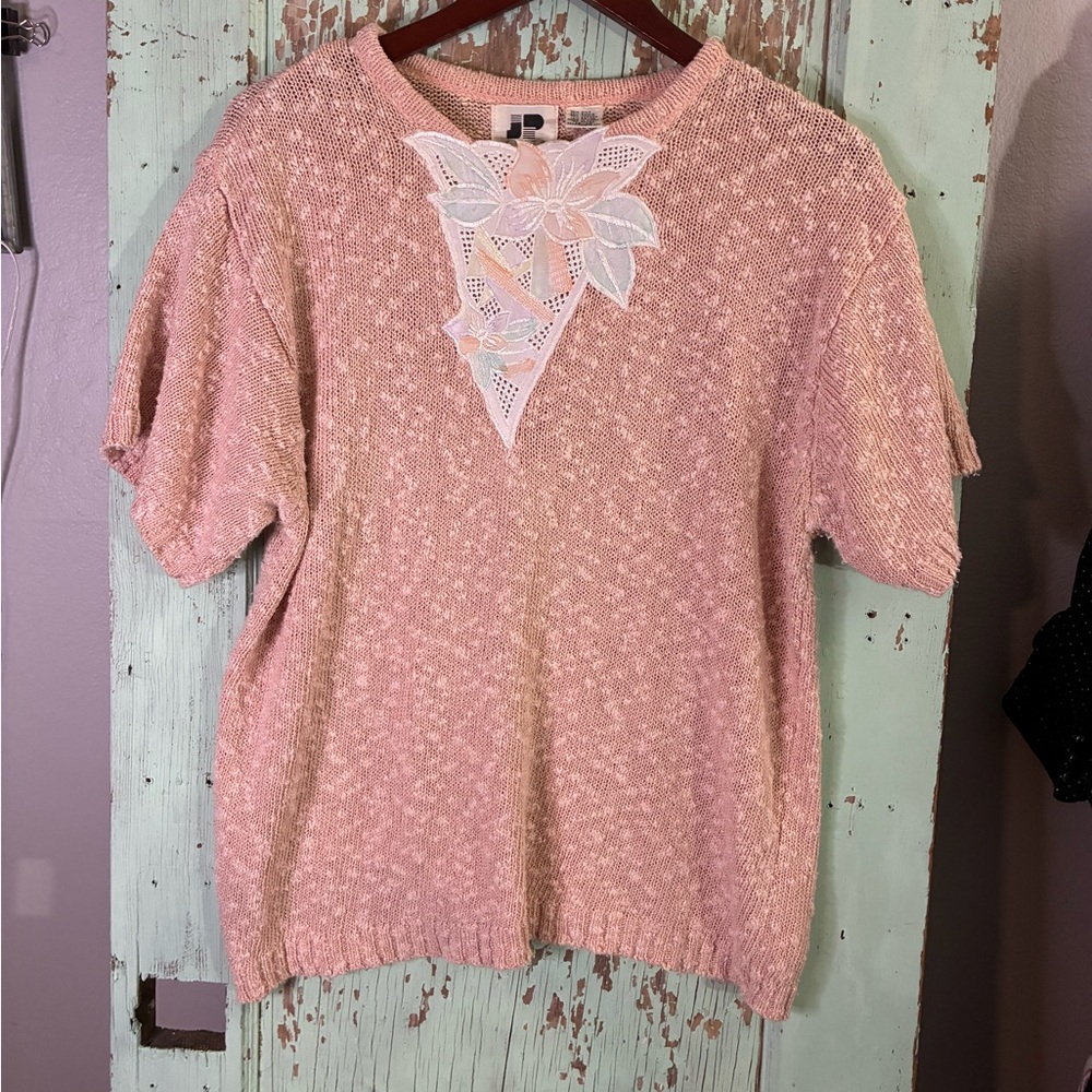 Elegant Pink Knit silk blend vintage sweater with Floral Detail